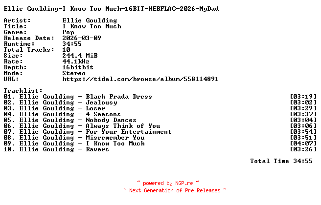 NFO for the release Ellie_Goulding-I_Know_Too_Much-16BIT-WEBFLAC-2026-MyDad by MyDad