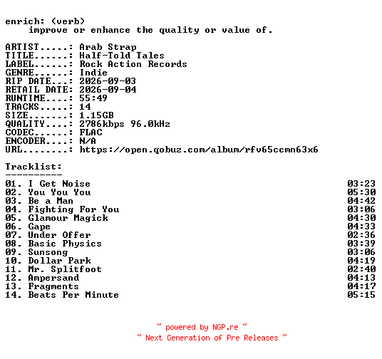 NFO for the release Arab_Strap-Half-Told_Tales-24BIT-WEB-FLAC-2026-ENRiCH by ENRiCH