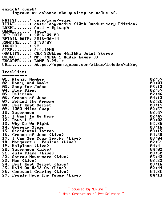 NFO for the release case__lang__veirs-case__lang__veirs_(10th_Anniversary_Edition)-WEB-2026-ENRiCH by ENRiCH