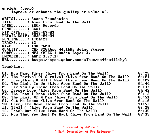 NFO for the release Stone_Foundation-Live_from_Band_On_The_Wall-WEB-2026-ENRiCH by ENRiCH