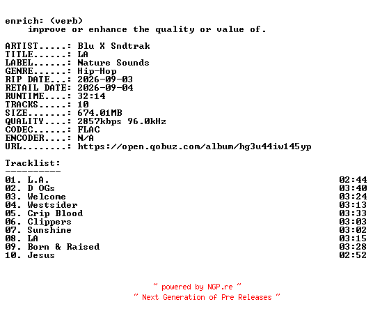 NFO for the release Blu_X_Sndtrak-LA-24BIT-WEB-FLAC-2026-ENRiCH by ENRiCH