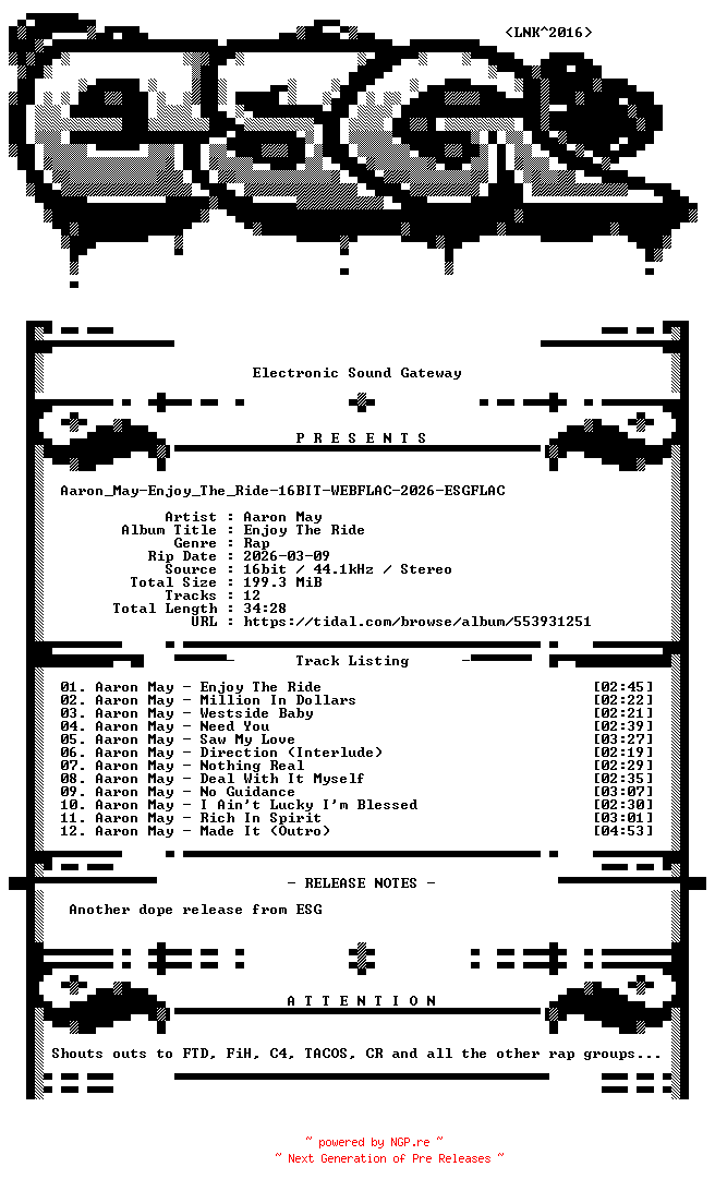 NFO for the release Aaron_May-Enjoy_The_Ride-16BIT-WEBFLAC-2026-ESGFLAC by ESGFLAC