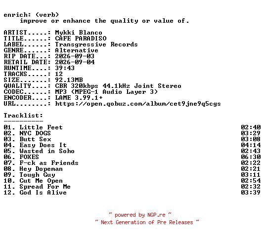 NFO for the release Mykki_Blanco-CAFE_PARADISO-WEB-2026-ENRiCH by ENRiCH