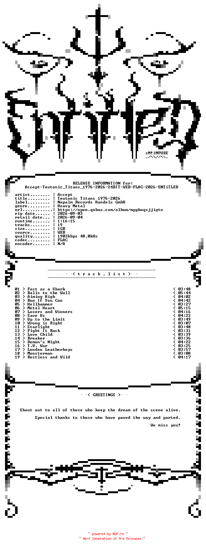 NFO for the release Accept-Teutonic_Titans_1976-2026-24BIT-WEB-FLAC-2026-ENTiTLED by ENTiTLED
