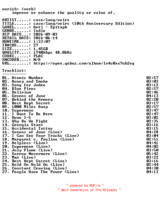 NFO for the release case__lang__veirs-case__lang__veirs_(10th_Anniversary_Edition)-24BIT-WEB-FLAC-2026-ENRiCH by ENRiCH