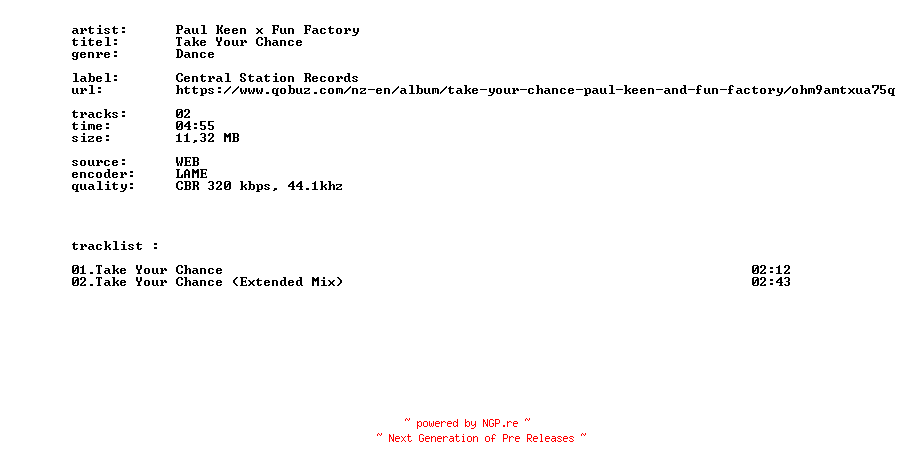 NFO for the release Paul_Keen_X_Fun_Factory_-_Take_Your_Chance-WEB-2026-BITCOINS by BITCOINS