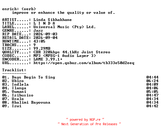 NFO for the release Linda_Sikhakhane-L_I_N_D_A-WEB-2026-ENRiCH by ENRiCH