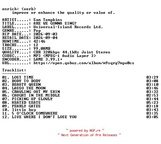 NFO for the release Sam_Tompkins-ARE_WE_GONNA_SING-WEB-2026-ENRiCH by ENRiCH