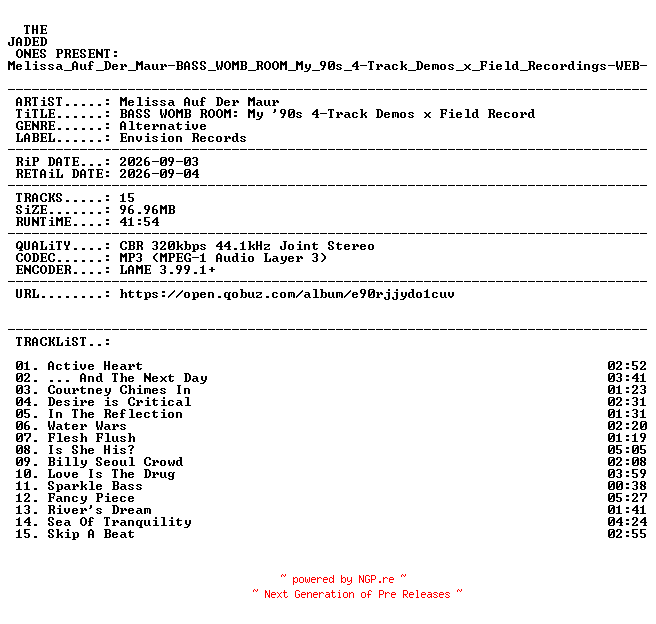 NFO for the release Melissa_Auf_Der_Maur-BASS_WOMB_ROOM_My_90s_4-Track_Demos_x_Field_Recordings-WEB-2026-JADED by JADED
