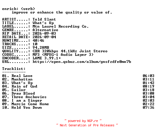NFO for the release Told_Slant-Whats_Up-WEB-2026-ENRiCH by ENRiCH