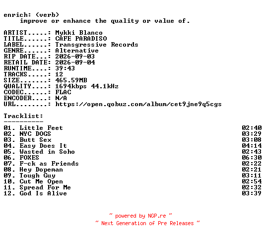 NFO for the release Mykki_Blanco-CAFE_PARADISO-24BIT-WEB-FLAC-2026-ENRiCH by ENRiCH