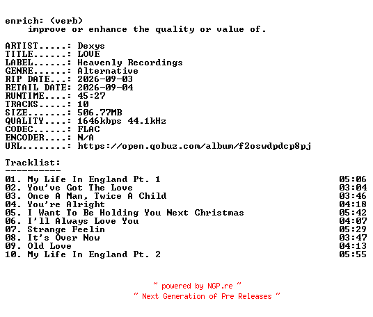 NFO for the release Dexys-LOVE-24BIT-WEB-FLAC-2026-ENRiCH by ENRiCH