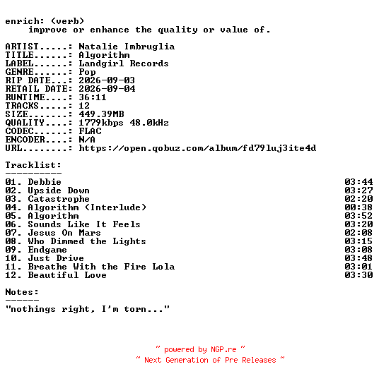 NFO for the release Natalie_Imbruglia-Algorithm-24BIT-WEB-FLAC-2026-ENRiCH by ENRiCH