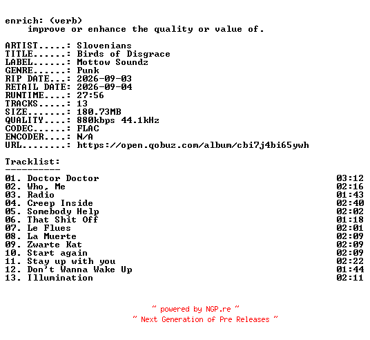 NFO for the release Slovenians-Birds_of_Disgrace-16BIT-WEB-FLAC-2026-ENRiCH by ENRiCH