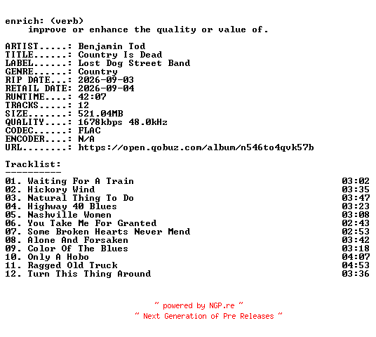 NFO for the release Benjamin_Tod-Country_Is_Dead-24BIT-WEB-FLAC-2026-ENRiCH by ENRiCH