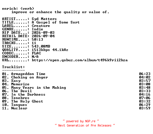 NFO for the release Syd_Matters-A_Gospel_of_Some_Sort-24BIT-WEB-FLAC-2026-ENRiCH by ENRiCH