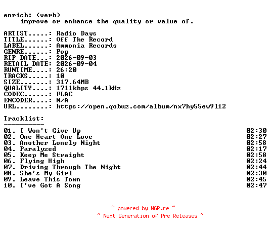 NFO for the release Radio_Days-Off_The_Record-24BIT-WEB-FLAC-2026-ENRiCH by ENRiCH
