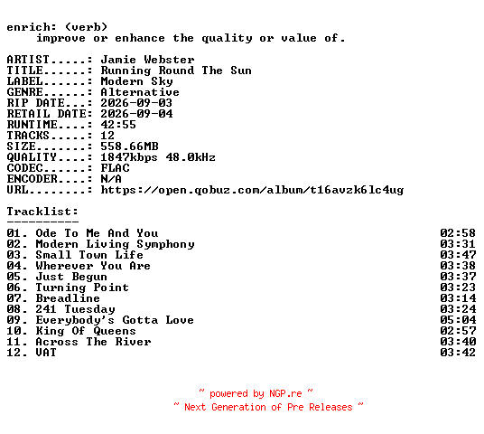 NFO for the release Jamie_Webster-Running_Round_The_Sun-24BIT-WEB-FLAC-2026-ENRiCH by ENRiCH