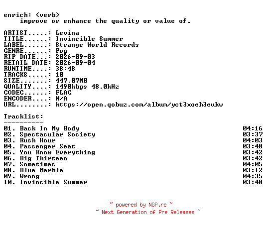 NFO for the release Levina-Invincible_Summer-24BIT-WEB-FLAC-2026-ENRiCH by ENRiCH