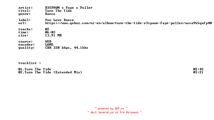 NFO for the release R3SPAWN_X_Faye_X_Puller_-_Turn_The_Tide-WEB-2026-BITCOINS by BITCOINS
