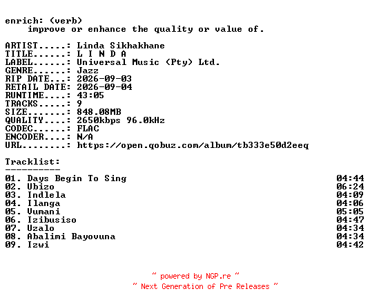 NFO for the release Linda_Sikhakhane-L_I_N_D_A-24BIT-WEB-FLAC-2026-ENRiCH by ENRiCH