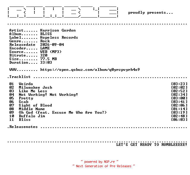 NFO for the release Harrison_Gordon-BLISS-(WEB)-2026-RUMBLE by RUMBLE