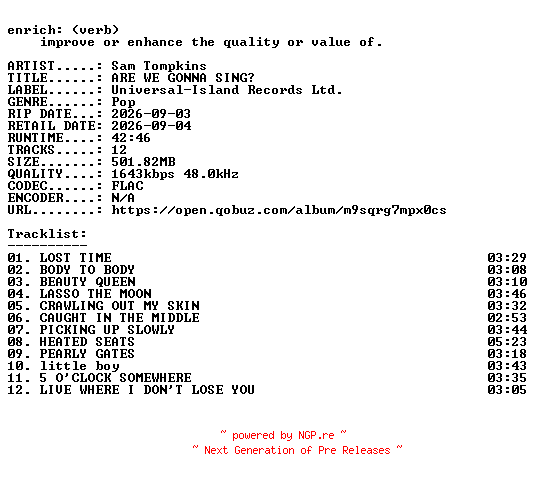 NFO for the release Sam_Tompkins-ARE_WE_GONNA_SING-24BIT-WEB-FLAC-2026-ENRiCH by ENRiCH