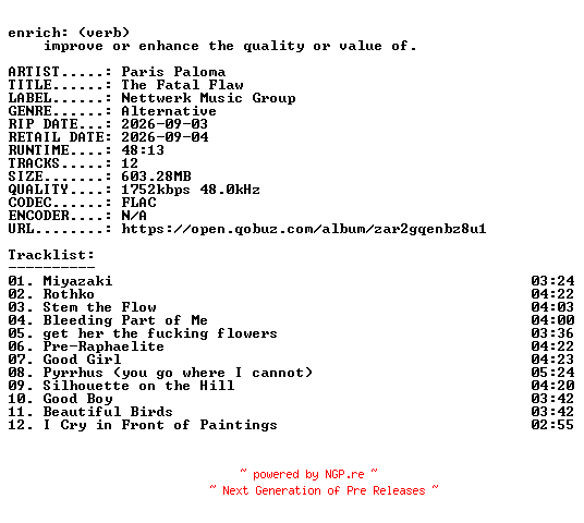 NFO for the release Paris_Paloma-The_Fatal_Flaw-24BIT-WEB-FLAC-2026-ENRiCH by ENRiCH