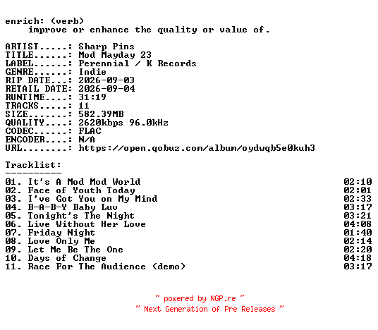 NFO for the release Sharp_Pins-Mod_Mayday_23-24BIT-WEB-FLAC-2026-ENRiCH by ENRiCH