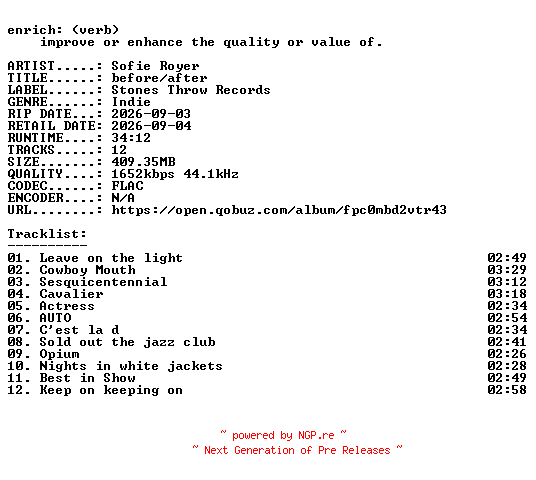 NFO for the release Sofie_Royer-before__after-24BIT-WEB-FLAC-2026-ENRiCH by ENRiCH