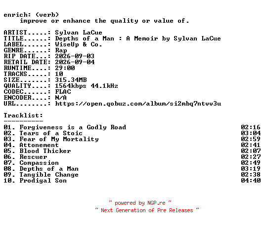 NFO for the release Sylvan_LaCue-Depths_of_a_Man__A_Memoir_by_Sylvan_LaCue-24BIT-WEB-FLAC-2026-ENRiCH by ENRiCH