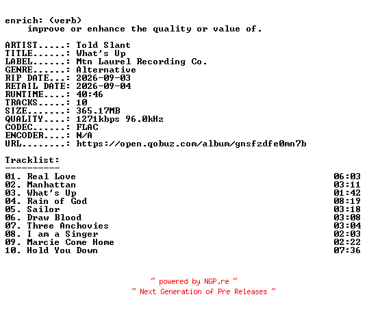 NFO for the release Told_Slant-Whats_Up-24BIT-WEB-FLAC-2026-ENRiCH by ENRiCH