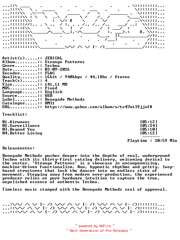 NFO for the release JERICAL-Strange_Patterns-RM31-16BIT-WEB-FLAC-2026-WAVED by WAVED