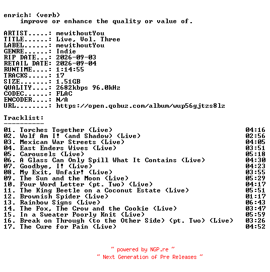 NFO for the release mewithoutYou-Live_Vol._Three-24BIT-WEB-FLAC-2026-ENRiCH by ENRiCH