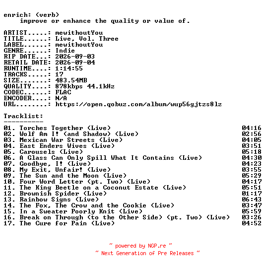 NFO for the release mewithoutYou-Live_Vol._Three-16BIT-WEB-FLAC-2026-ENRiCH by ENRiCH