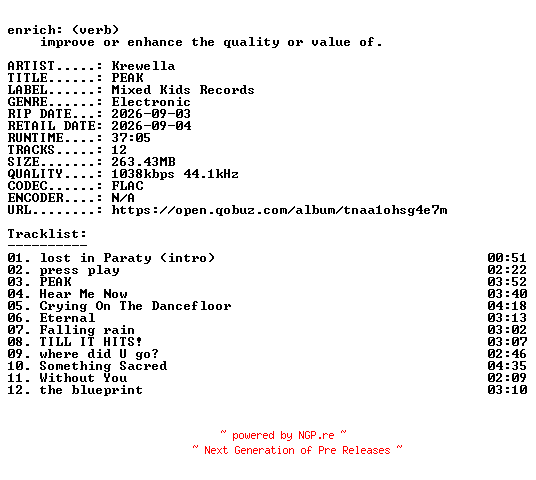 NFO for the release Krewella-PEAK-16BIT-WEB-FLAC-2026-ENRiCH by ENRiCH