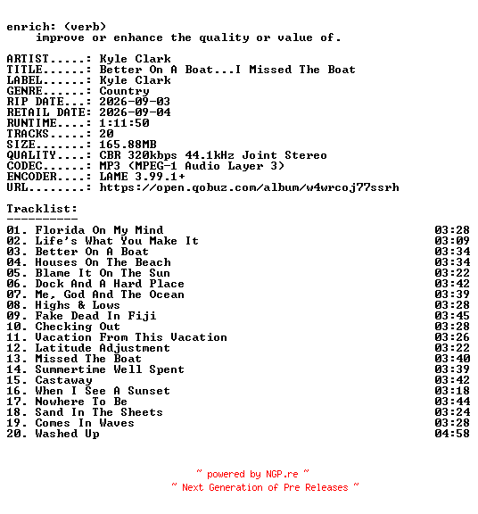 NFO for the release Kyle_Clark-Better_On_A_Boat_I_Missed_The_Boat-WEB-2026-ENRiCH by ENRiCH