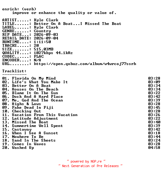 NFO for the release Kyle_Clark-Better_On_A_Boat_I_Missed_The_Boat-16BIT-WEB-FLAC-2026-ENRiCH by ENRiCH