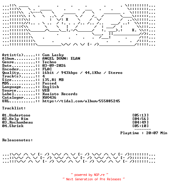 NFO for the release Cam_Lasky-ANGEL_DOWN_ELAN-KWO436-16BIT-WEB-FLAC-2026-WAVED by WAVED
