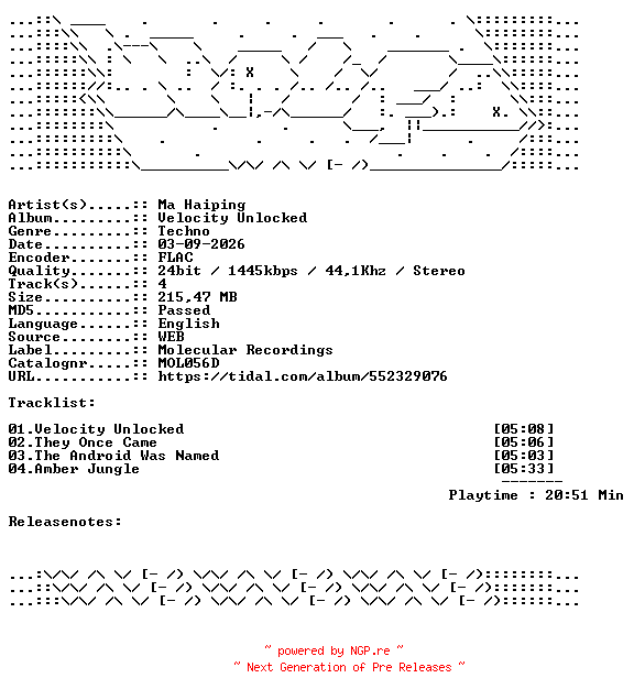 NFO for the release Ma_Haiping-Velocity_Unlocked-MOL056D-24BIT-WEB-FLAC-2026-WAVED by WAVED