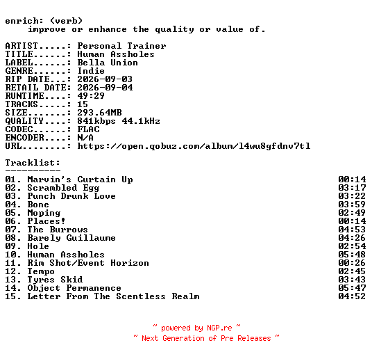 NFO for the release Personal_Trainer-Human_Assholes-16BIT-WEB-FLAC-2026-ENRiCH by ENRiCH