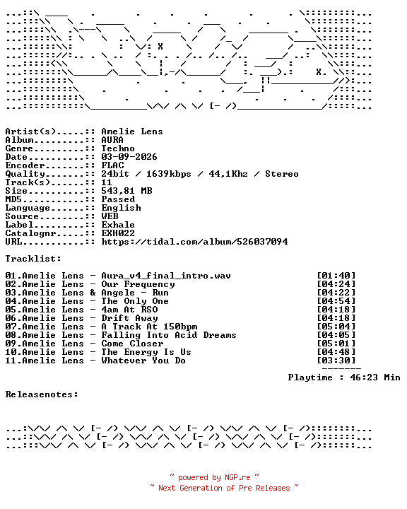 NFO for the release Amelie_Lens-AURA-EXH022-24BIT-WEB-FLAC-2026-WAVED by WAVED