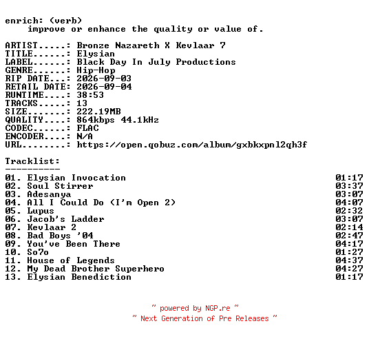 NFO for the release Bronze_Nazareth_X_Kevlaar_7-Elysian-16BIT-WEB-FLAC-2026-ENRiCH by ENRiCH