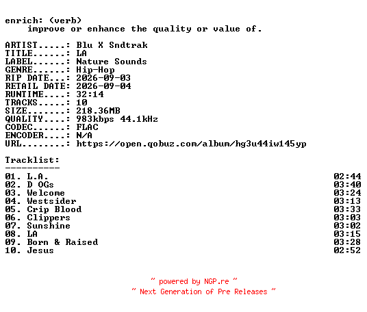 NFO for the release Blu_X_Sndtrak-LA-16BIT-WEB-FLAC-2026-ENRiCH by ENRiCH