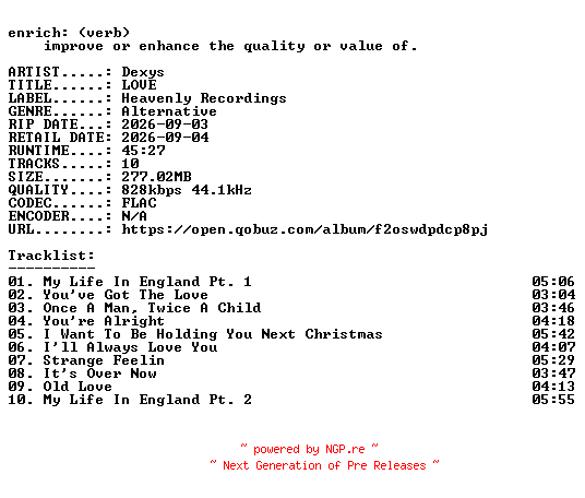 NFO for the release Dexys-LOVE-16BIT-WEB-FLAC-2026-ENRiCH by ENRiCH