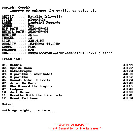 NFO for the release Natalie_Imbruglia-Algorithm-16BIT-WEB-FLAC-2026-ENRiCH by ENRiCH