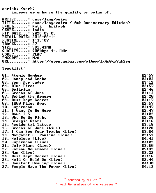 NFO for the release case__lang__veirs-case__lang__veirs_(10th_Anniversary_Edition)-16BIT-WEB-FLAC-2026-ENRiCH by ENRiCH