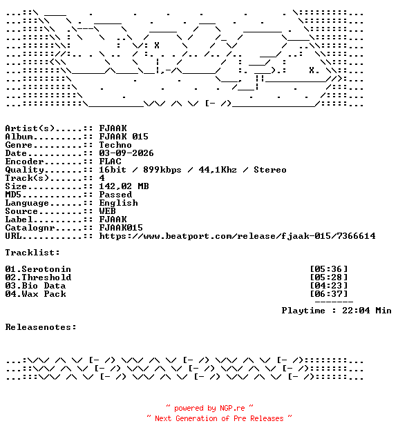NFO for the release FJAAK-FJAAK_015-FJAAK015-16BIT-WEB-FLAC-2026-WAVED by WAVED