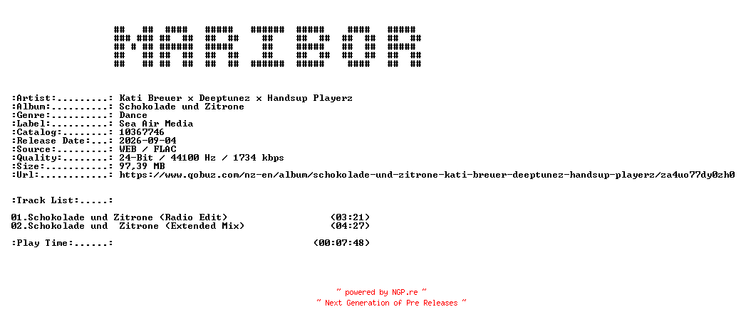 NFO for the release Kati_Breuer_x_Deeptunez_x_Handsup_Playerz-Schokolade_und_Zitrone-(10367746)-DE-24BIT-WEB-FLAC-2026-MARiBOR by MARiBOR