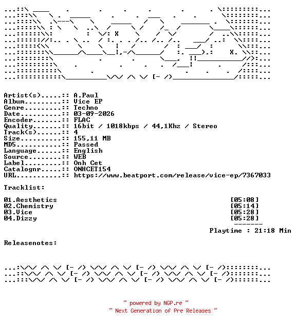 NFO for the release A.Paul-Vice_EP-ONHCET154-16BIT-WEB-FLAC-2026-WAVED by WAVED